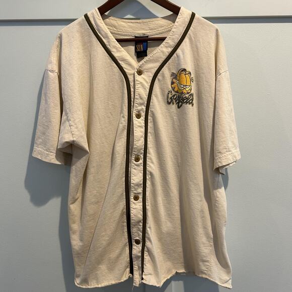 Vintage Garfield Shirt Large Beige Baseball Jersey Button Front Graphic 90s READ - Picture 2 of 16